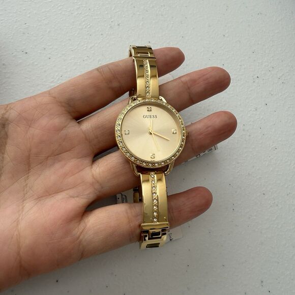 Guess  Gold Stainless Steel Crystal Analog Women's Bangle Bracelet Watch 30mm - Picture 2 of 7